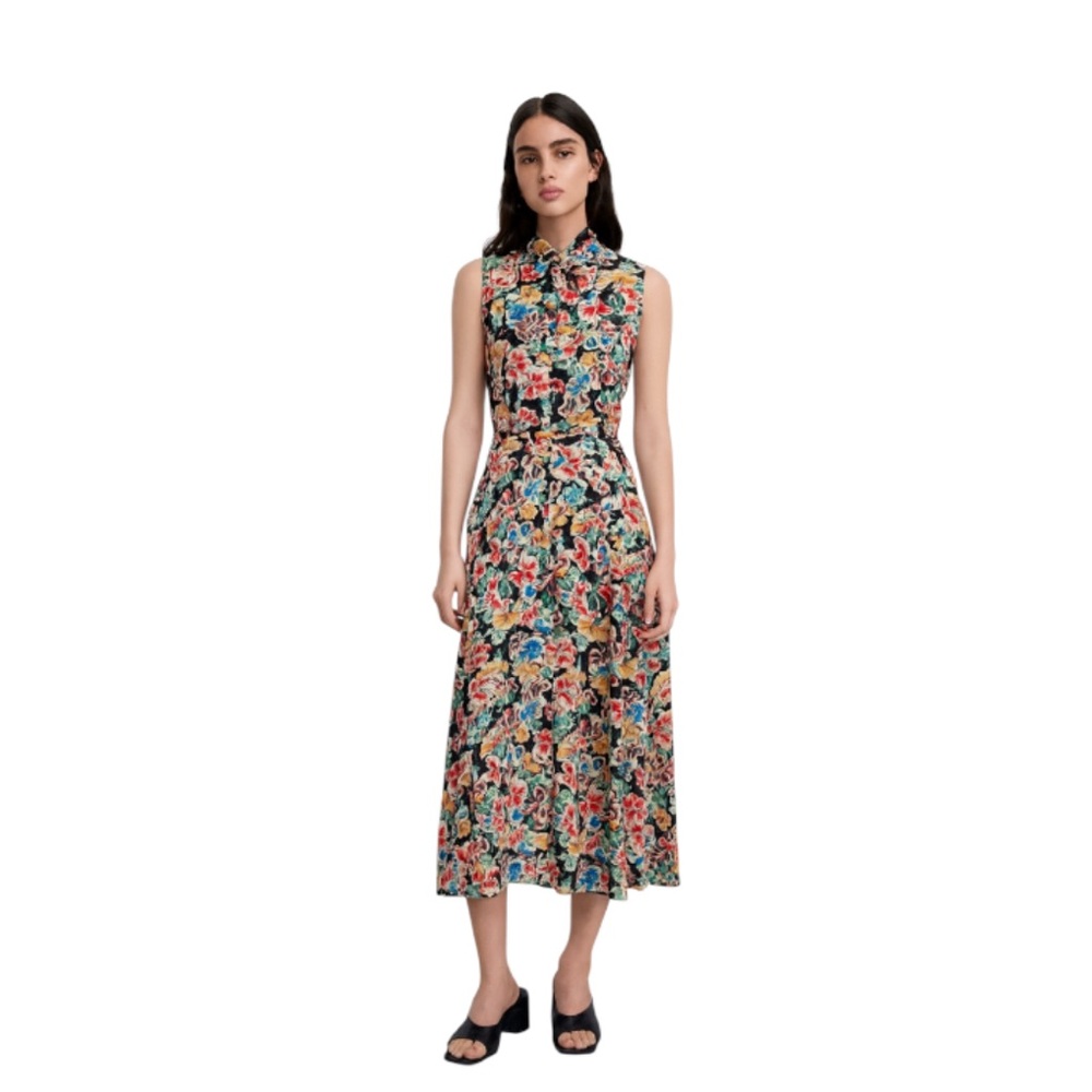 ZARA Floral Sleeveless Midi Dress with Tie Neck – Size Large EUC